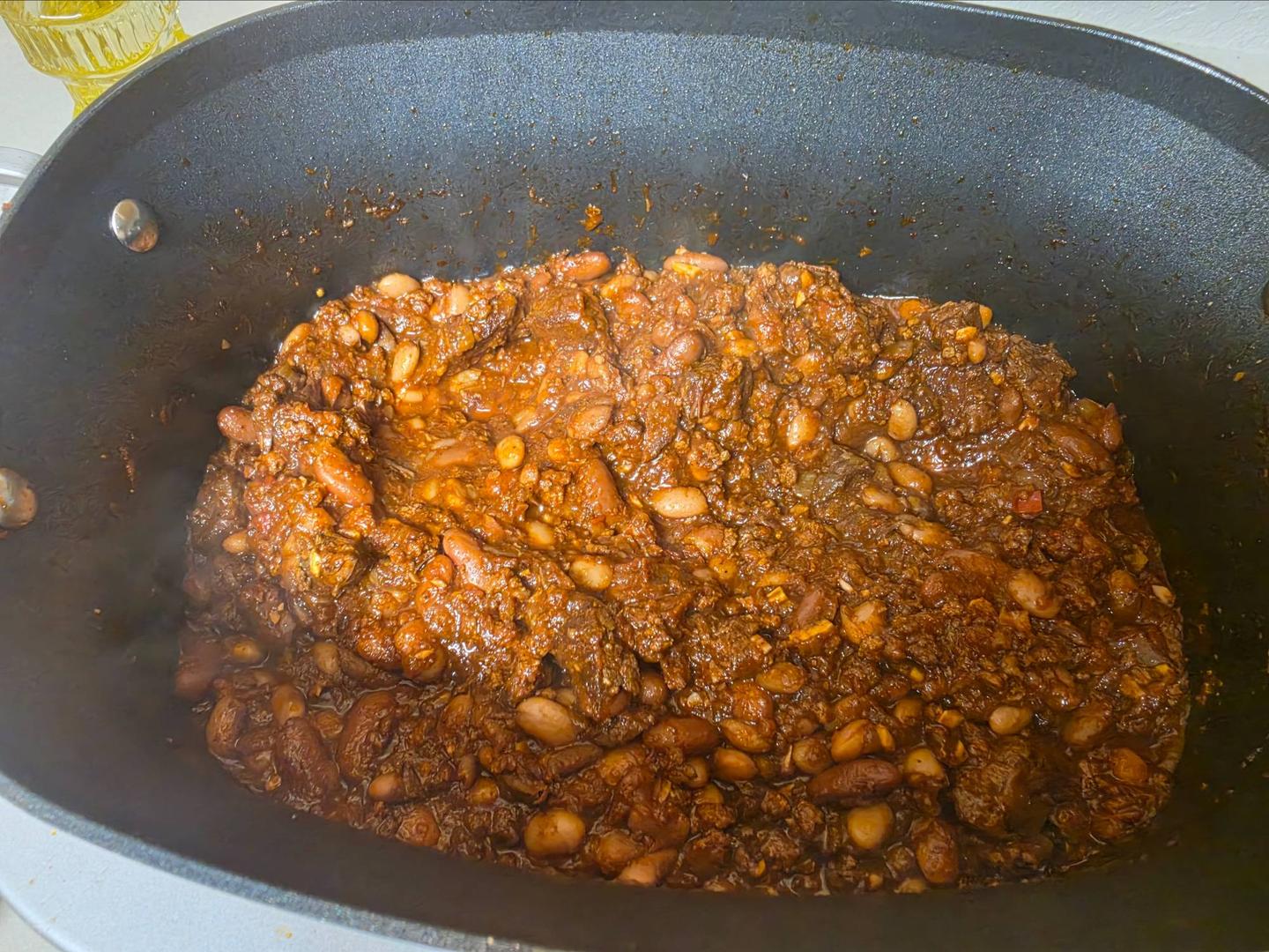 The finished chili with the pinto and kidney beans folded in